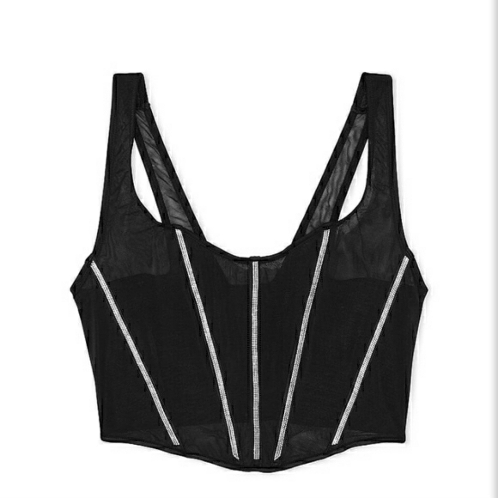 Victoria's Secret Black Rhinestone Sheer Shine Corset Top Medium D DD NEW NWT